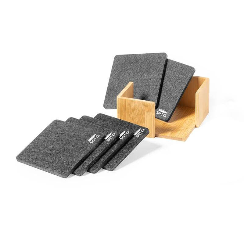 eco-neutral RPET Set of 6 Felt Coasters with Bamboo Stand