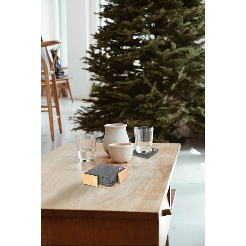 eco-neutral RPET Set of 6 Felt Coasters with Bamboo Stand