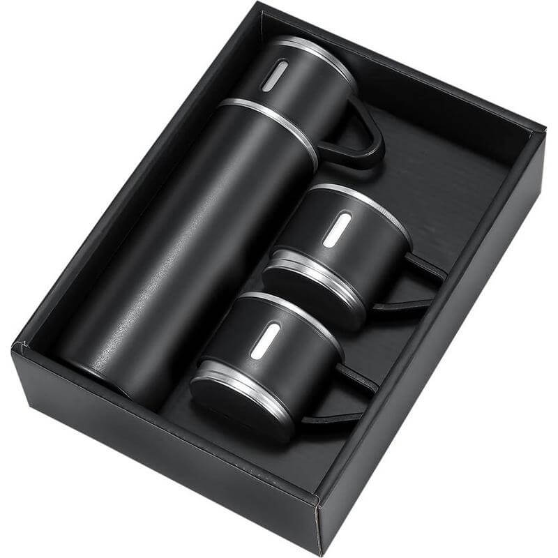 Giftology Family Set of Vacuum Flask & Two Cups - Black