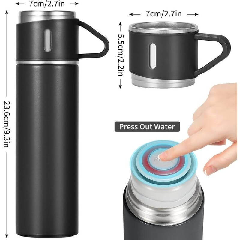 Giftology Family Set of Vacuum Flask & Two Cups - Black