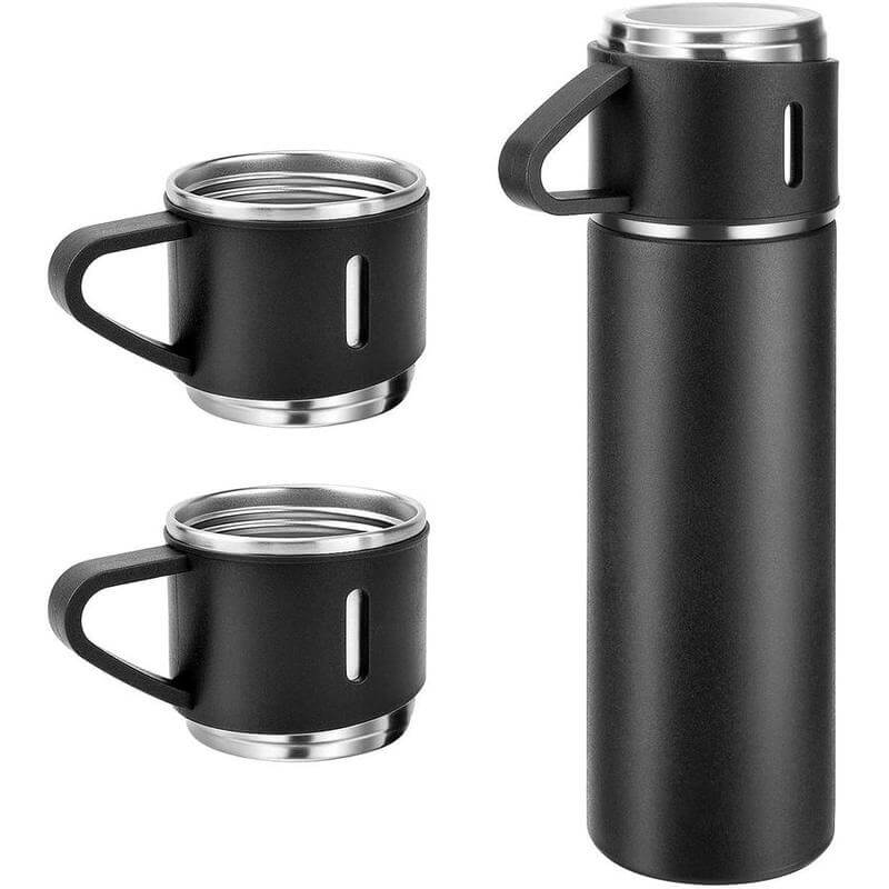 Giftology Family Set of Vacuum Flask & Two Cups - Black