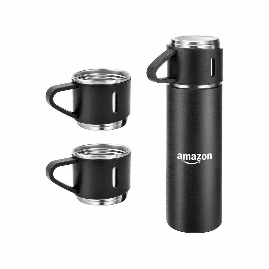 Giftology Family Set of Vacuum Flask & Two Cups - Black