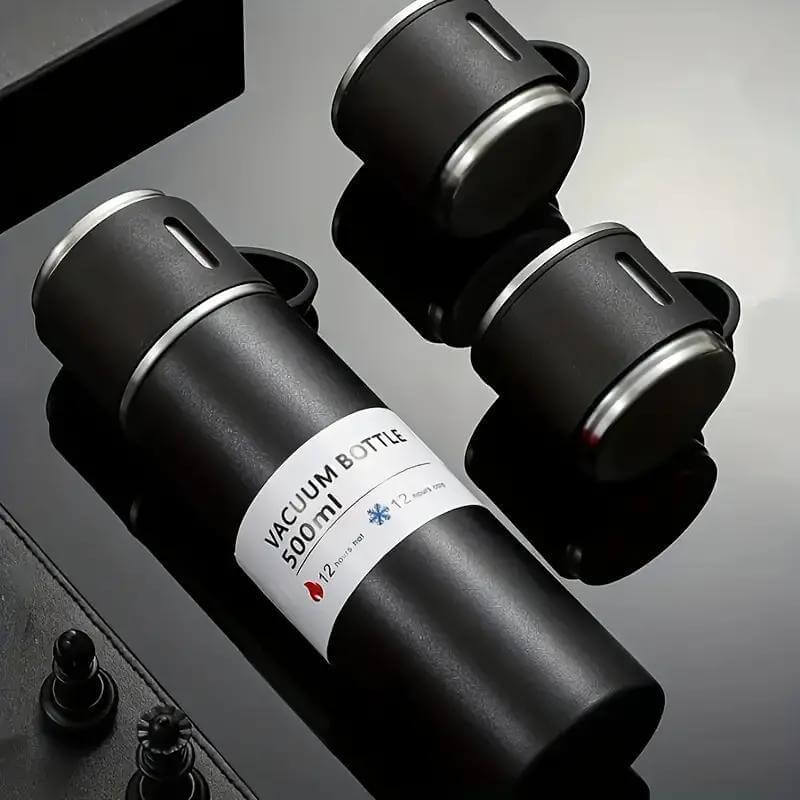 Giftology Family Set of Vacuum Flask & Two Cups - Black