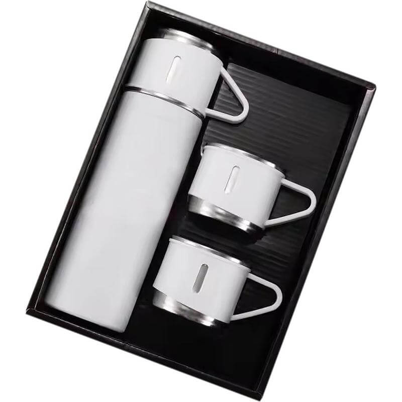 Giftology Family Set of Vacuum Flask & Two Cups - White