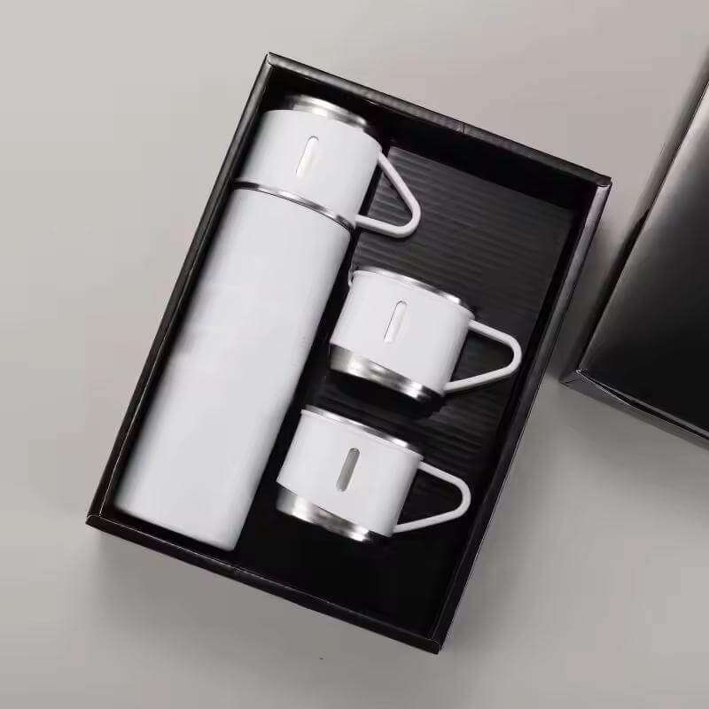 Giftology Family Set of Vacuum Flask & Two Cups - White