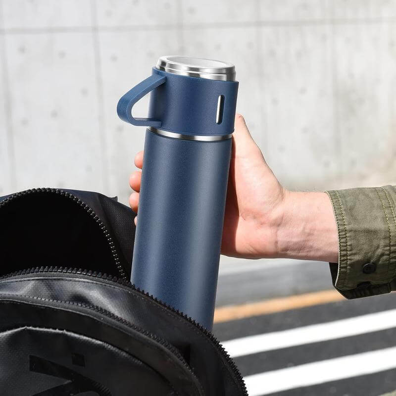 Giftology Family Set of Vacuum Flask & Two Cups - Navy Blue