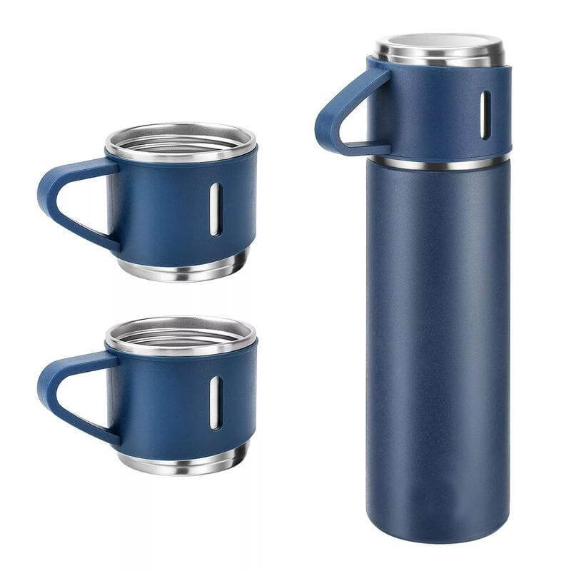 Giftology Family Set of Vacuum Flask & Two Cups - Navy Blue