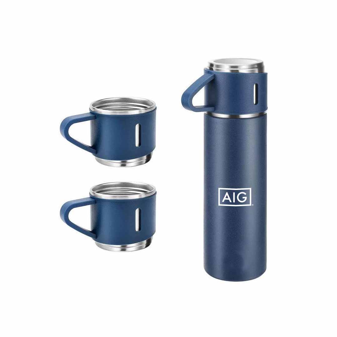 Giftology Family Set of Vacuum Flask & Two Cups - Navy Blue