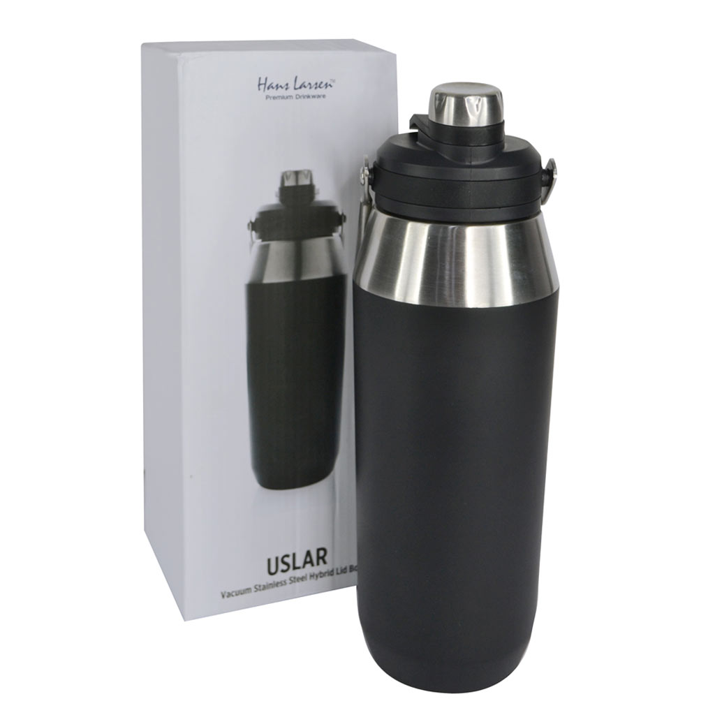 Hans Larsen Vacuum Bottle with Solid Handle and Dual Lid - 1L - Black