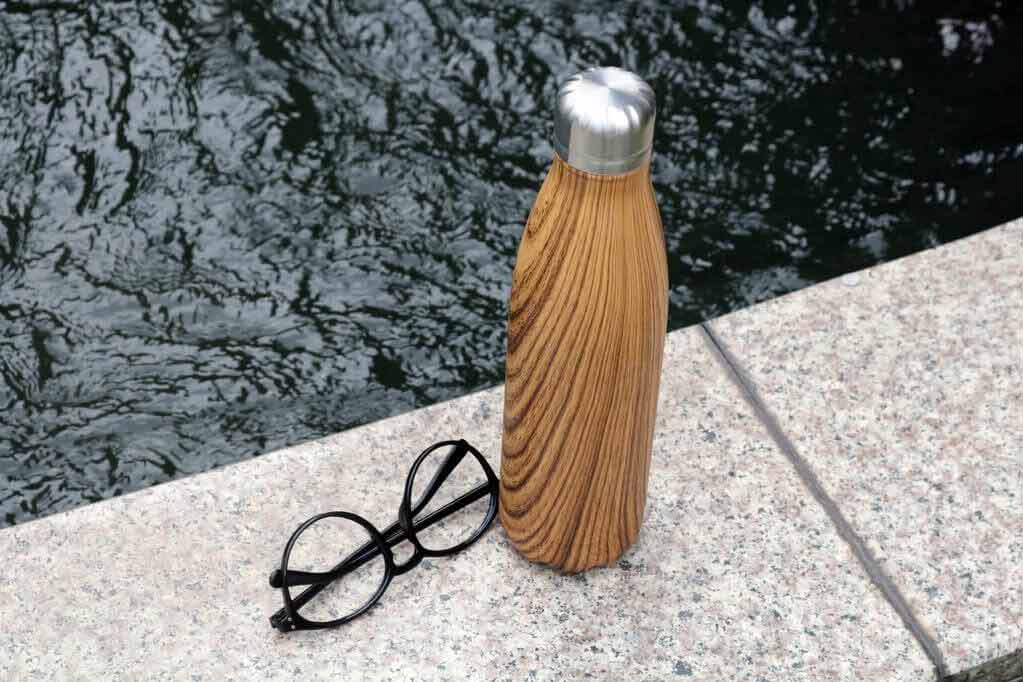 Hans Larsen Stainless Steel Water Bottle with Wood Print - Brown