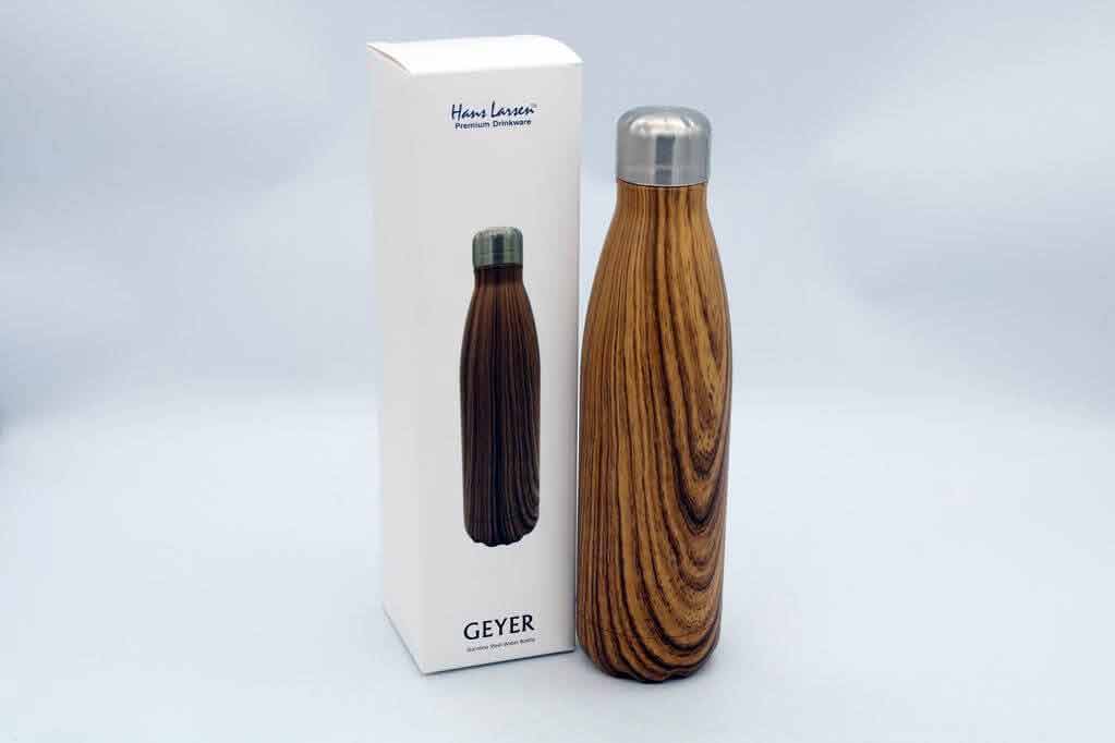 Hans Larsen Stainless Steel Water Bottle with Wood Print - Brown