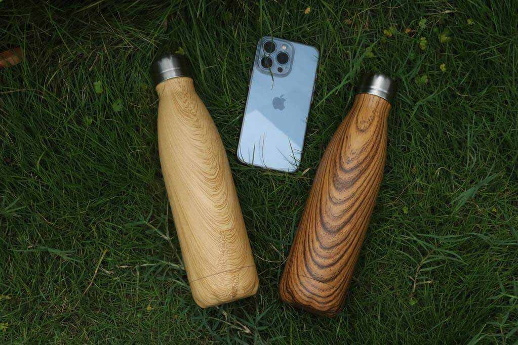 Hans Larsen Stainless Steel Water Bottle with Wood Print - Yellow