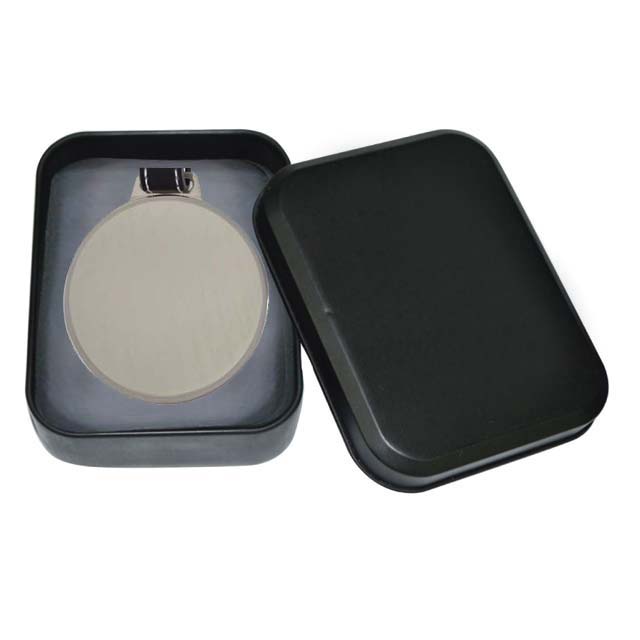 Metal Luggage Tag With Leather Strap in a Tin Box