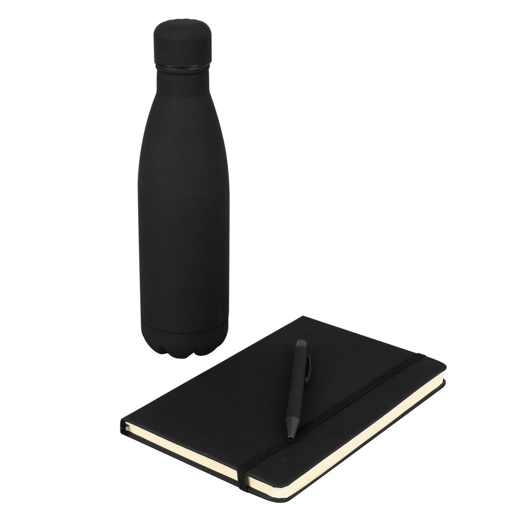 Giftology Set of Stainless Bottle, Notebook and Pen - Black
