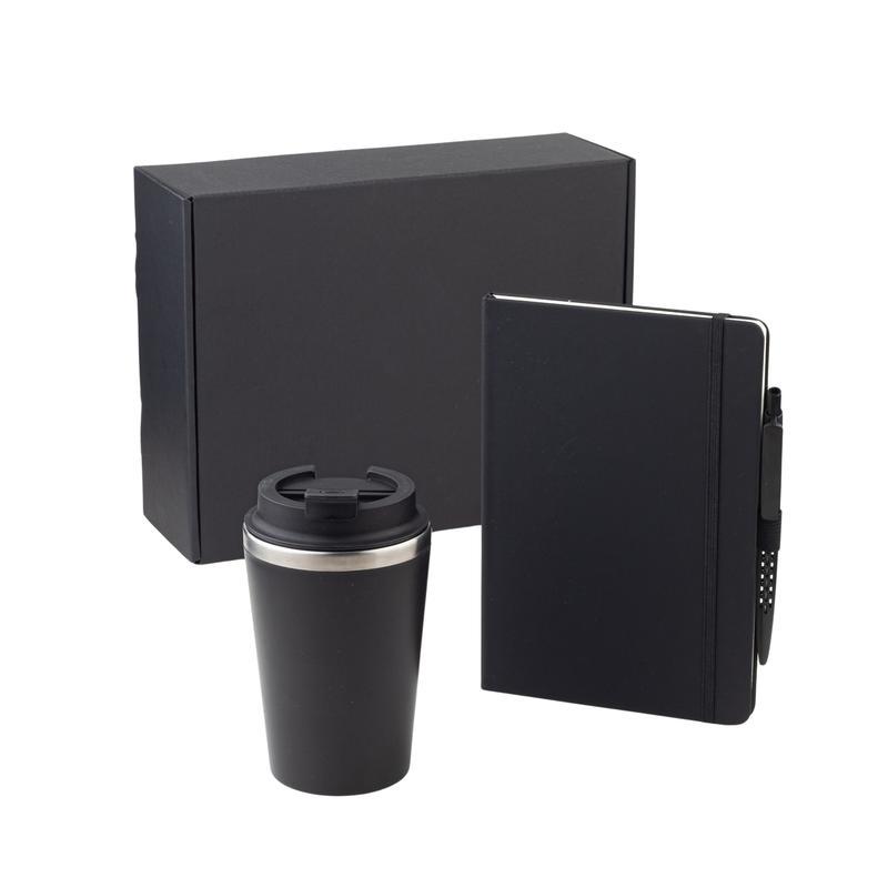 Giftology Set of Double Walled Tumbler, A5 Notebook and Pen - Black