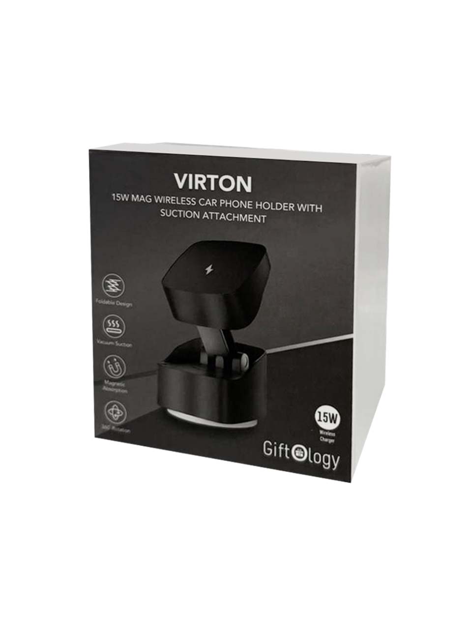 Giftology Magnetic Car Phone Holder and 15W Wireless Charger - Black