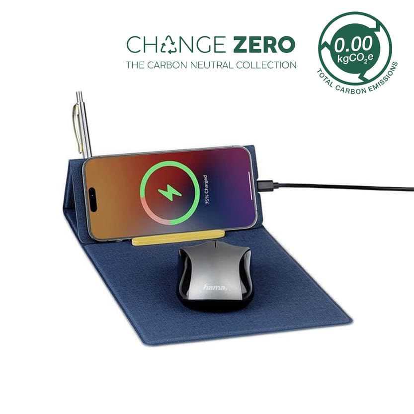 CHANGE ZERO Recycled PU 15W Wireless Mousepad & Desk Organizer - Navy Blue
