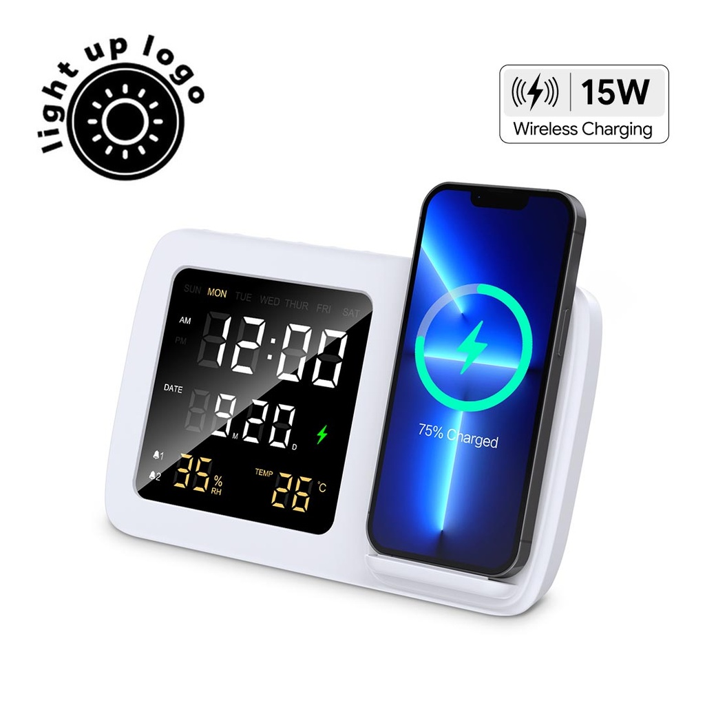 Giftology Digital Alarm Clock Wireless Charger - White