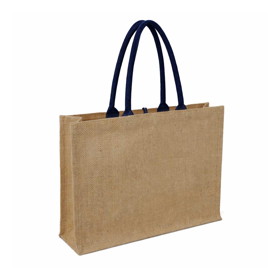 Jute Bag with Canvas Pocket - Blue