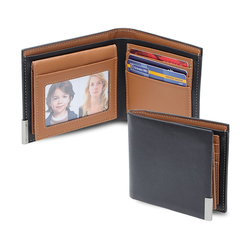 Men's Billfold PU wallet with flip pocket - Black / Tan