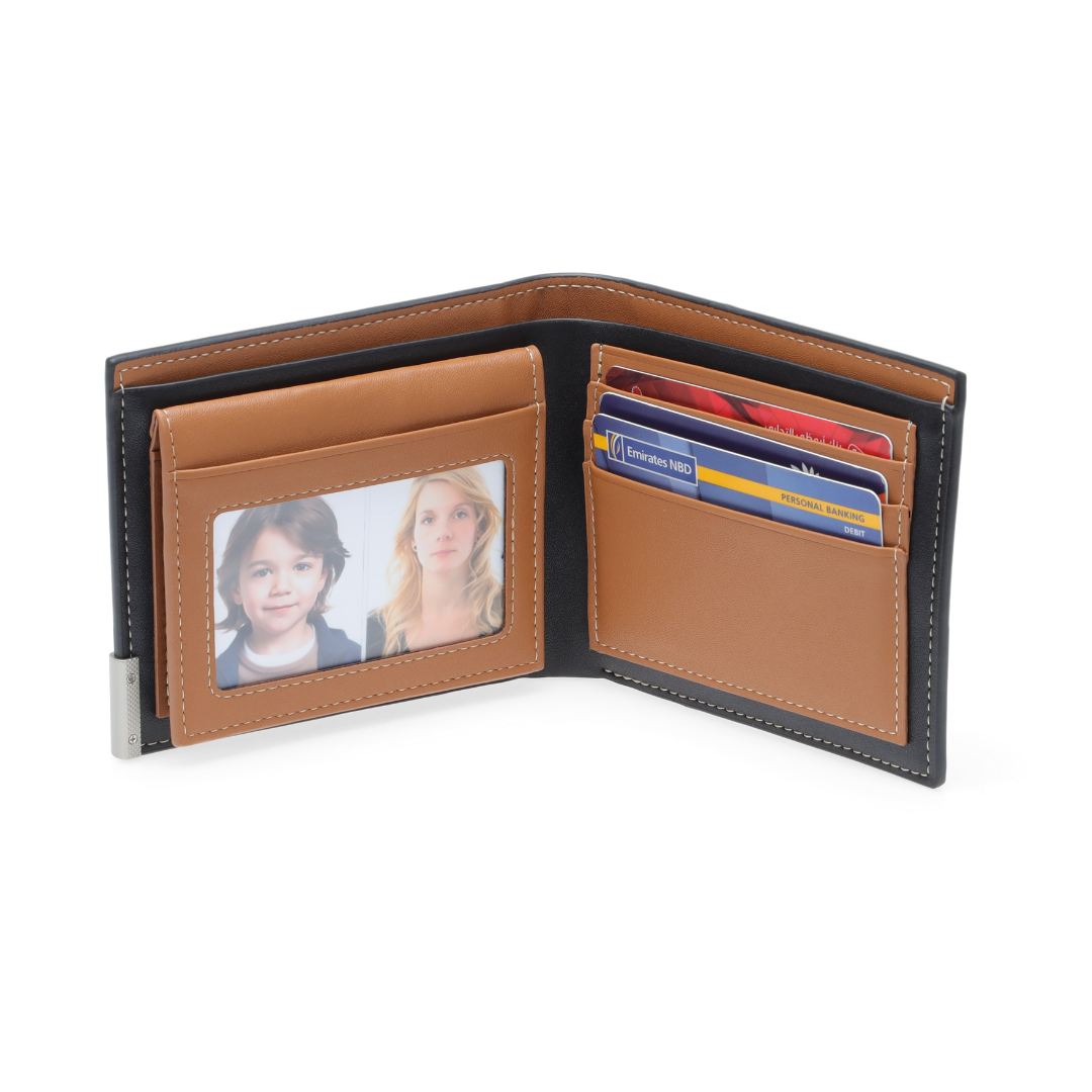 Men's Billfold PU wallet with flip pocket - Black / Tan