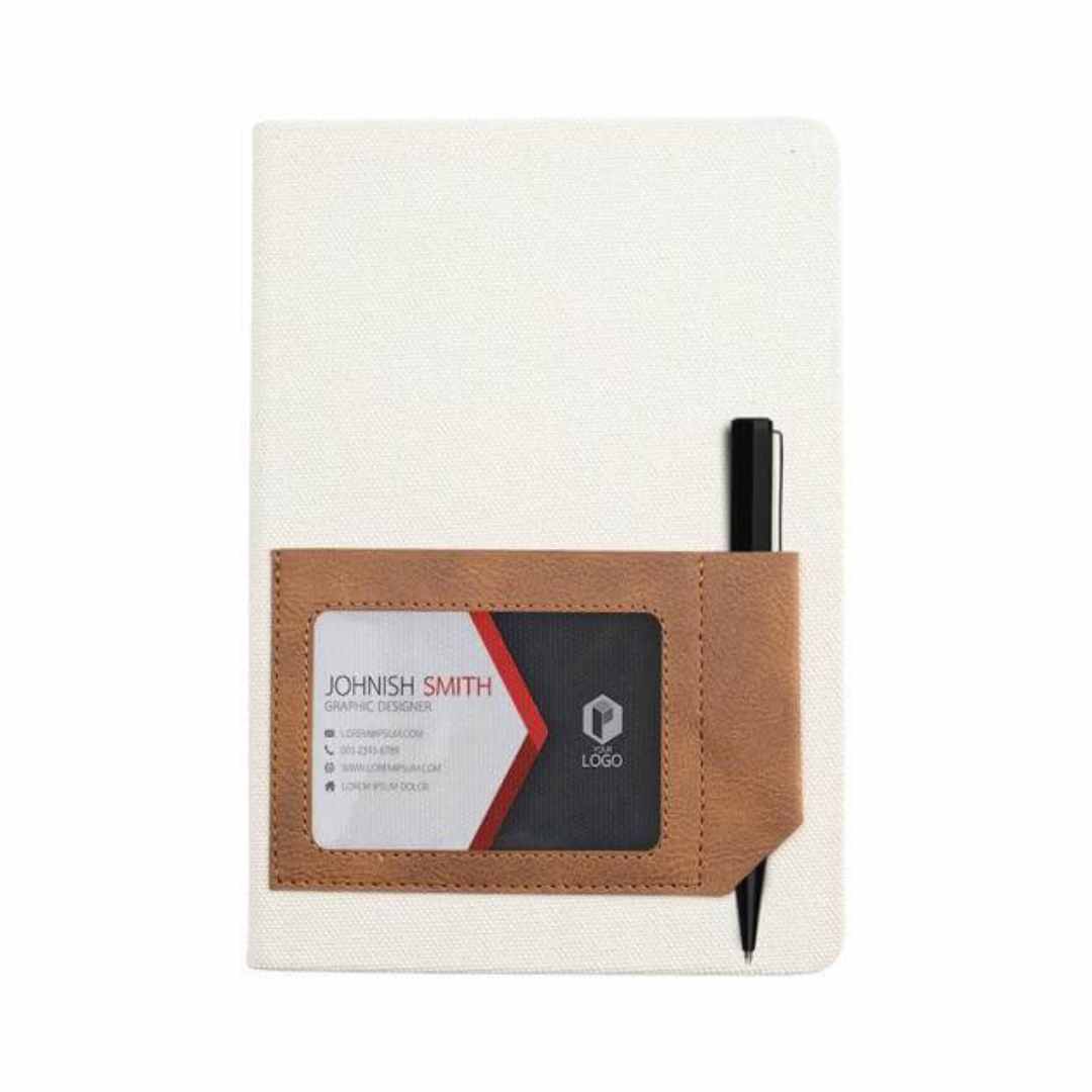 Santhome Recycled Canvas A5 Hard Cover Notebook with PU Pocket - Beige