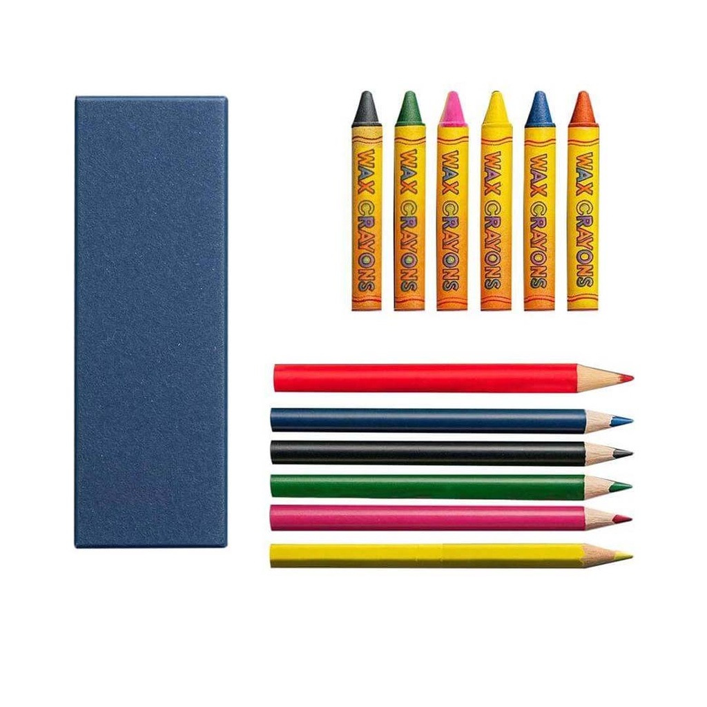 Giftology Set of Color Pencils & Crayons in Denim Paper Box