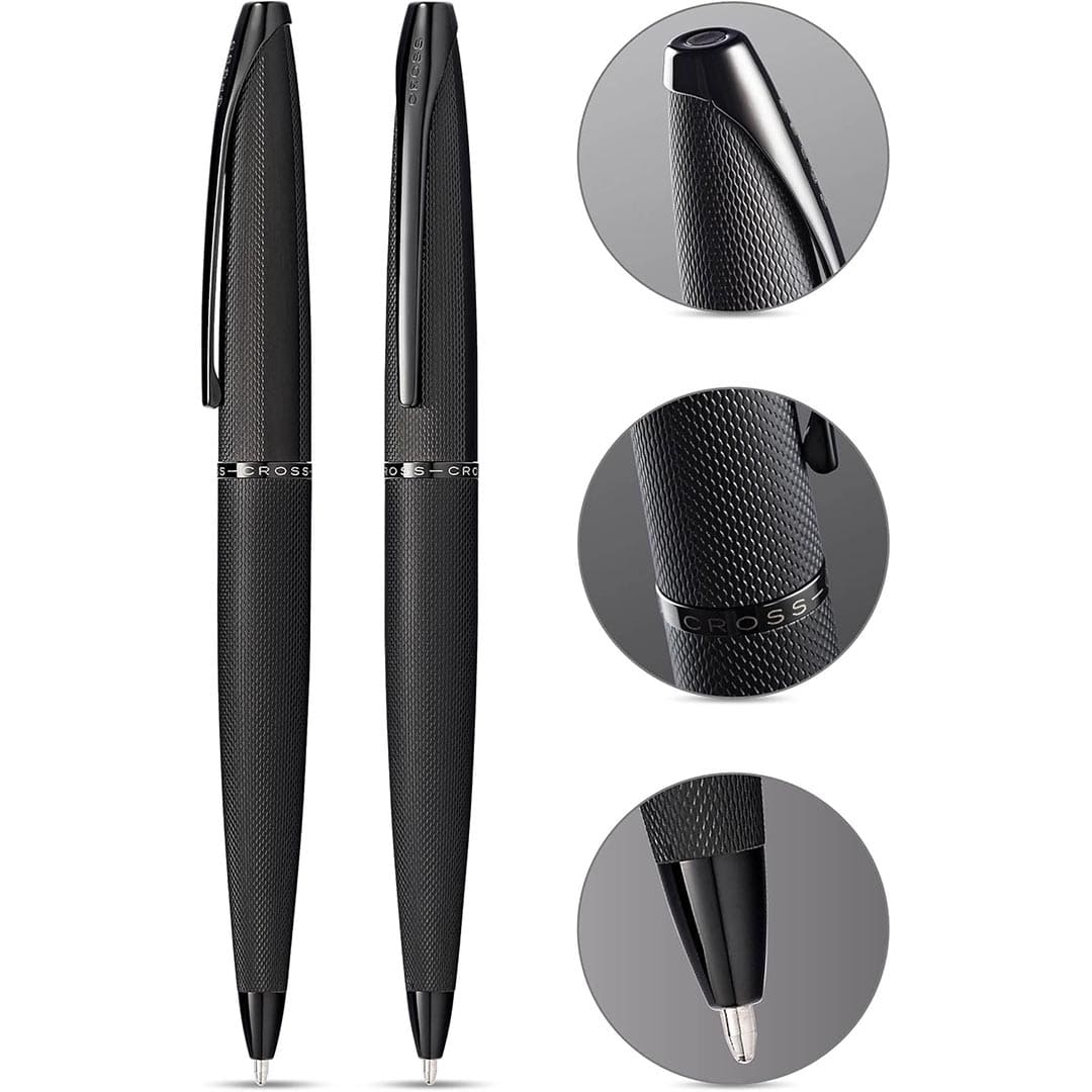 Cross ATX® Brushed Black with Machine-Turned Diamond Pattern Engraving with Polished Black PVD Appointments Ballpoint Pen (Blue Ink)