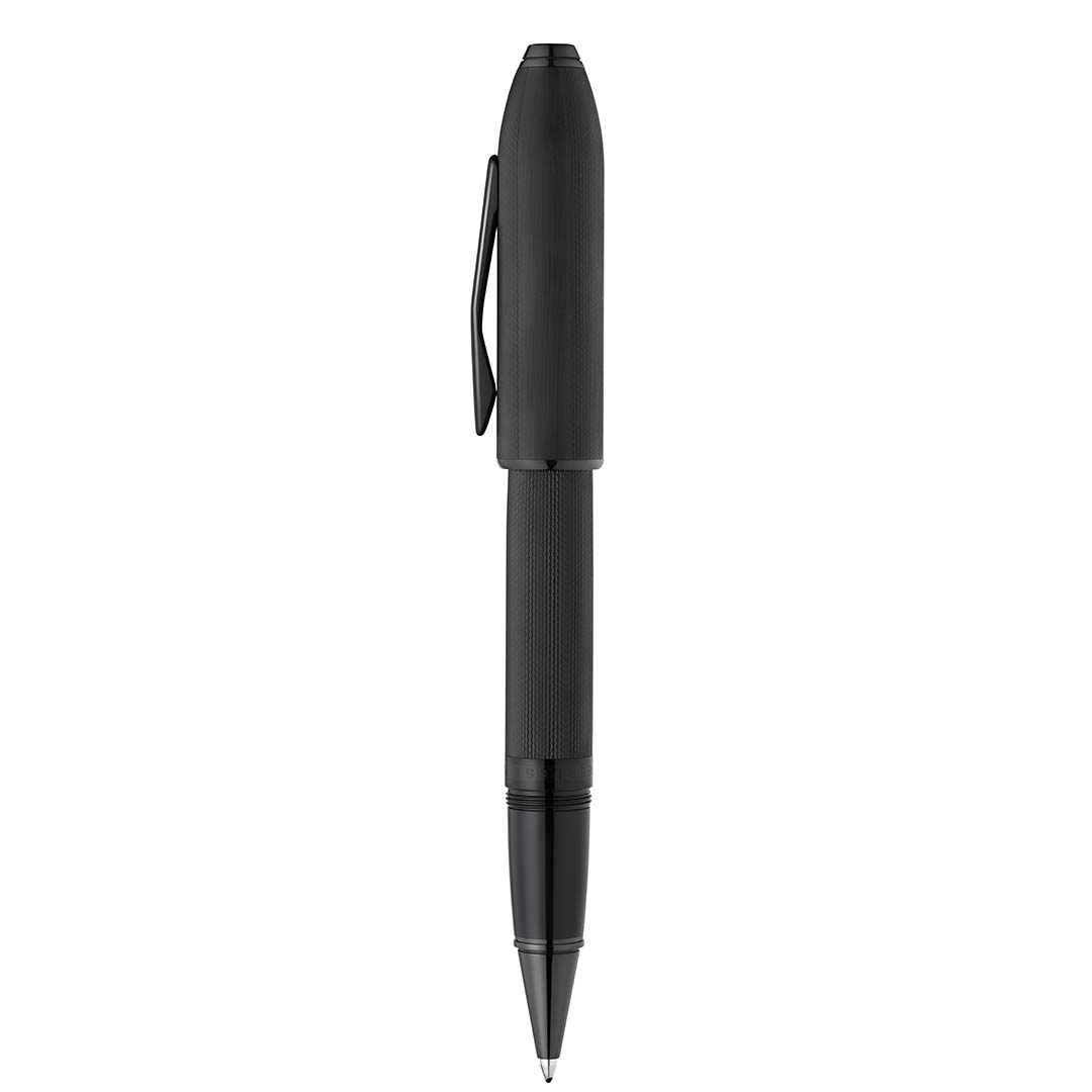Peerless™ Polished Black PVD Engraved Diamond Pattern with Black PVD Appointments and Swarovski Crystal Rollerball Pen (Blue Ink)