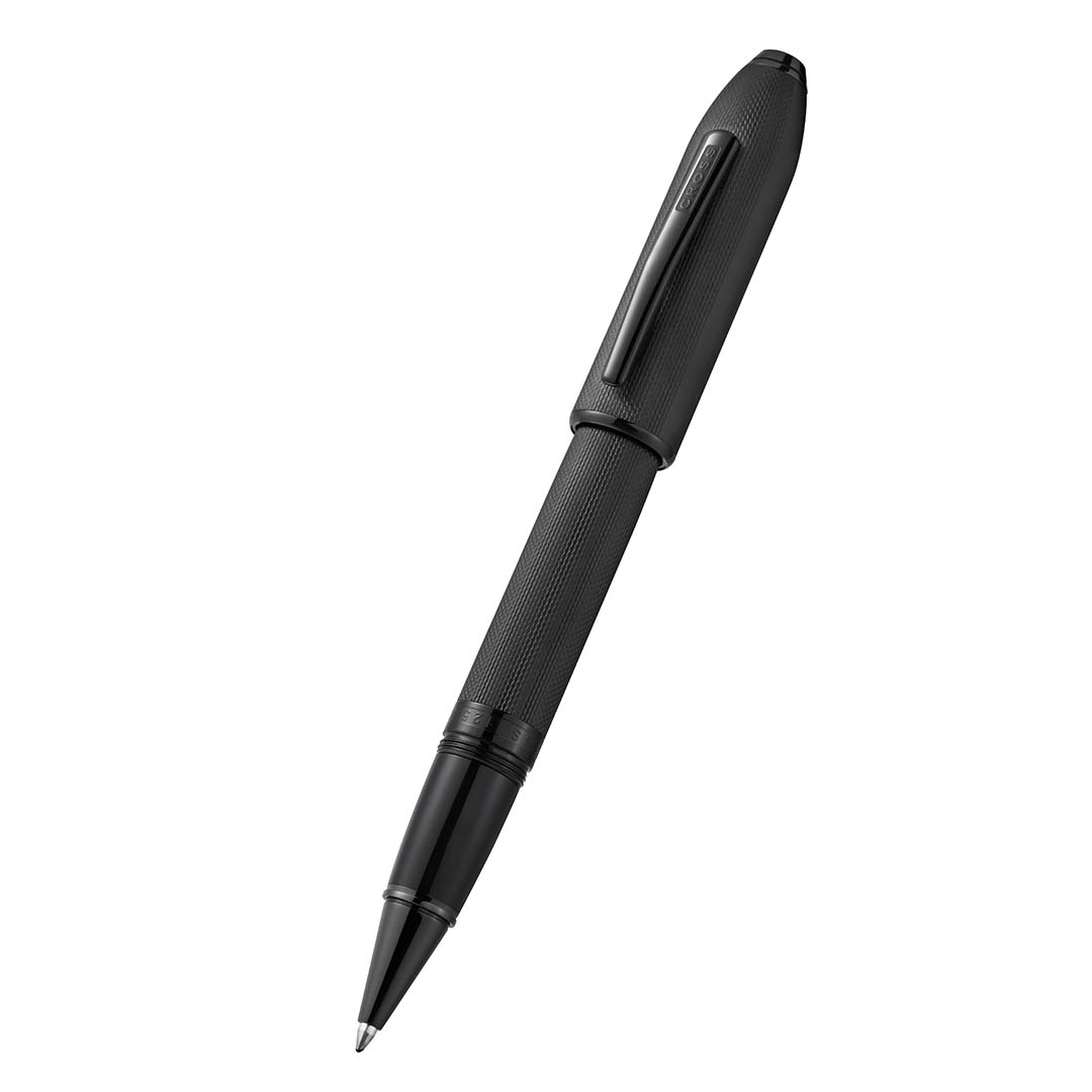 Peerless™ Polished Black PVD Engraved Diamond Pattern with Black PVD Appointments and Swarovski Crystal Rollerball Pen (Blue Ink)
