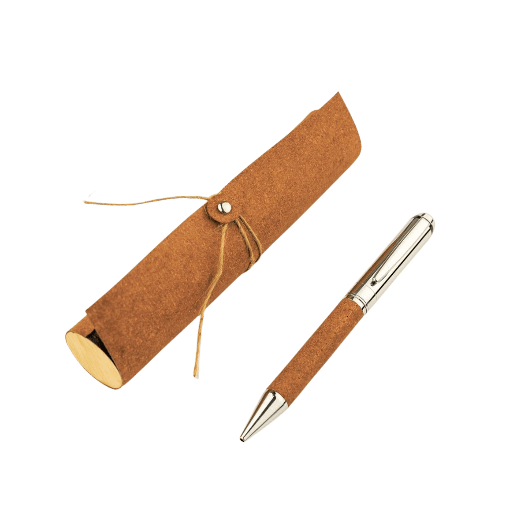 eco-neutral Metal Pen with Recycled Leather Barrel - Brown